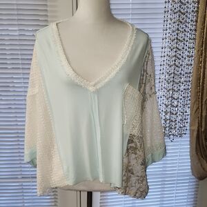 POL Lace Trim Blouse - Light Blue and Cream